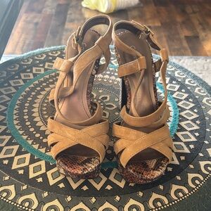 Calvin Klein Tan Suede Cross-Strap Platform Sandals with Snake-Print Platform